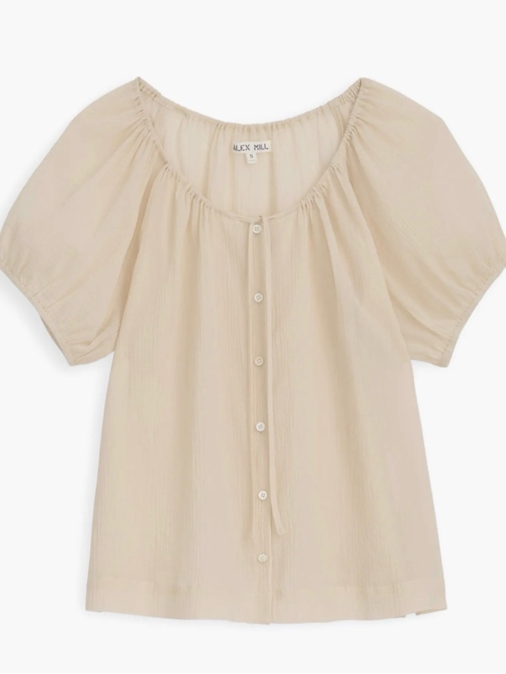 Alex Mill Rose Crinkle Tie Neck Cream Tie-Front Peasant Top - Picture 2 of 7